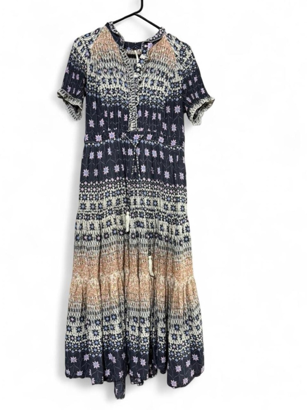 Free People  Navy Maxi Dress with Cream and Peach Pattern